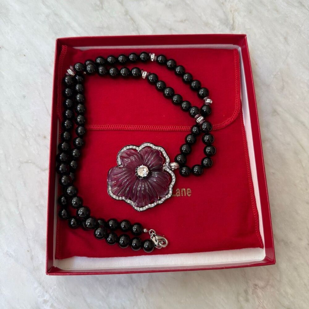 Kenneth Jay Lane vintage Floral Pendant Necklace Signed Black Beads purple - Picture 6 of 11